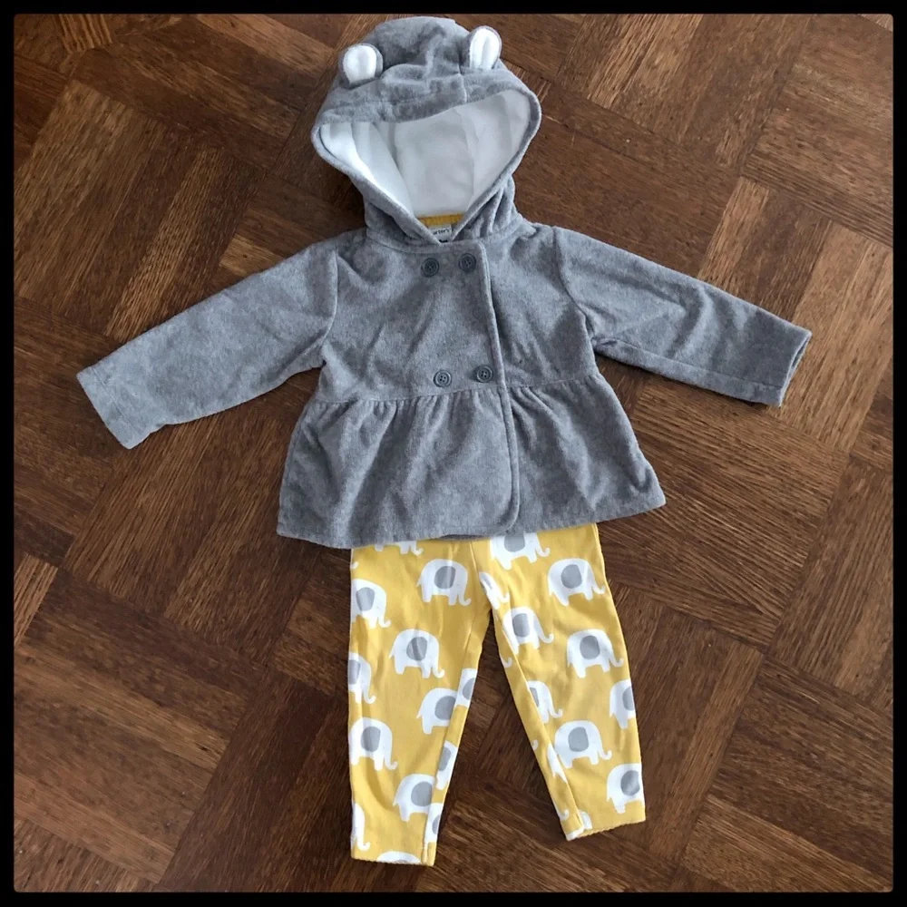 {Carter’s} Fleece Peplum Hoodie Elephant Pants Set - Picture 2 of 8